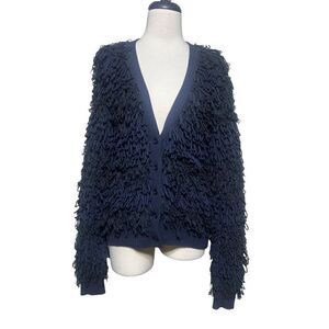 Maeve Anthropologie Larissa Fringed Loop Navy Cardigan Sweater XS